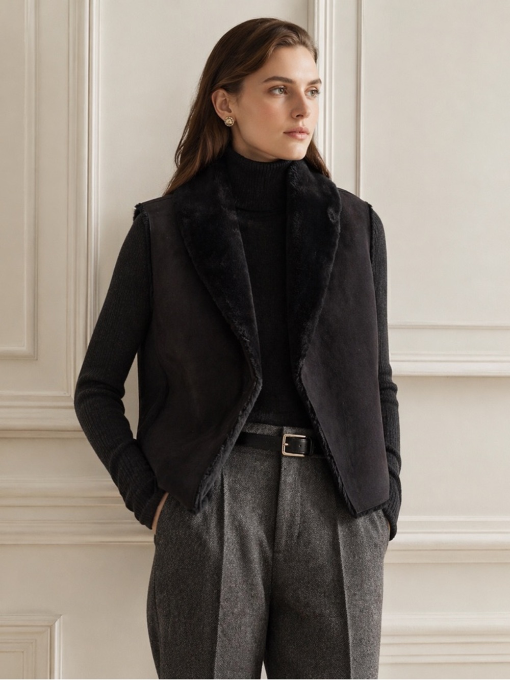 Lauren Ralph Lauren Size XL Faux Suede & Fur Lined Vest - Black